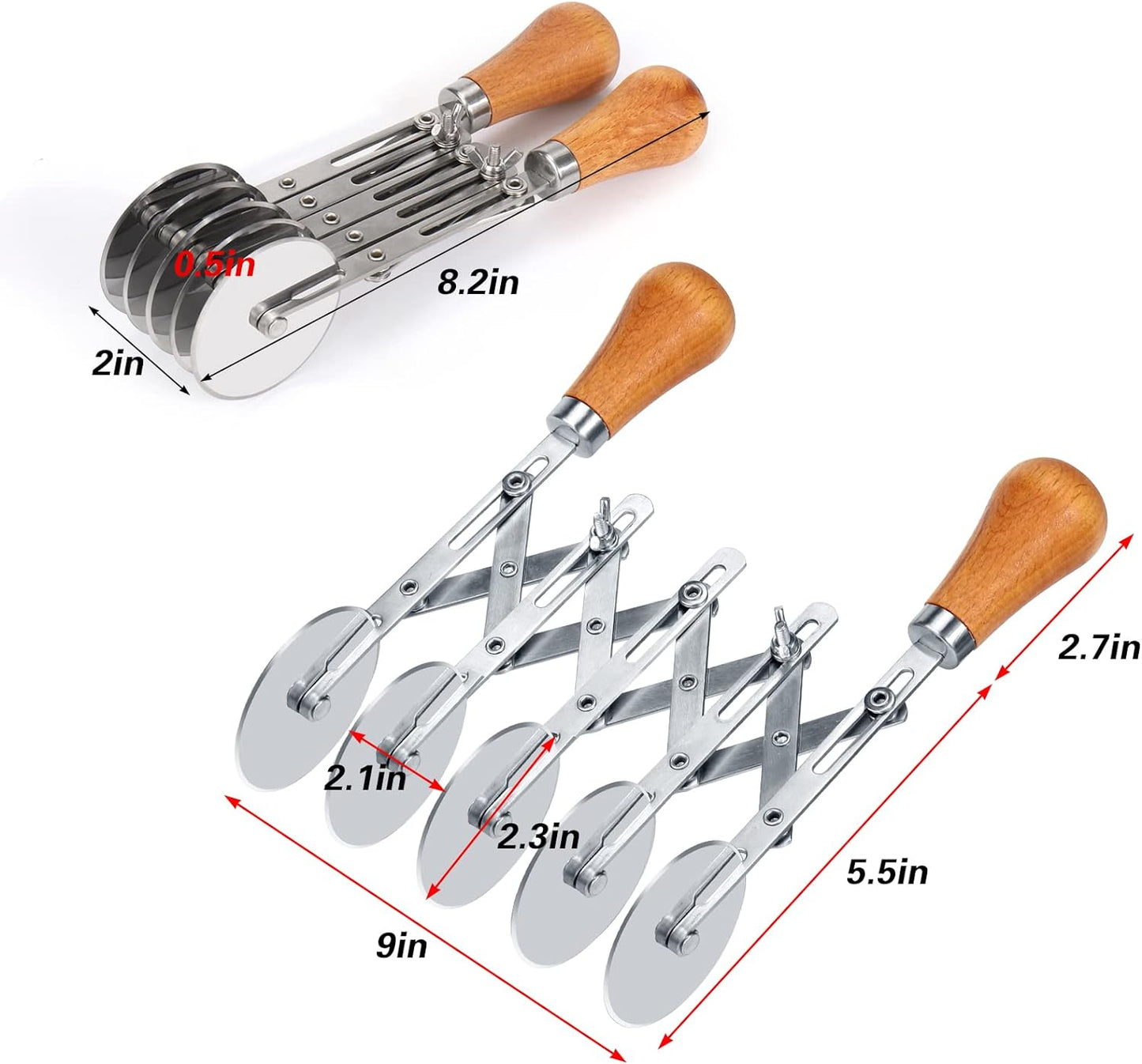 Juome 5 Wheel Pastry Cutter with Wooden Handle, Multi-Round Wheel Pasta Dough Cutter Roller Pizza Slicer Accordion Pastry Knife Divider Tool