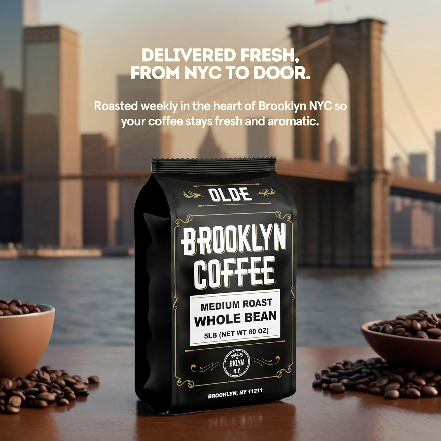 BROOKLYN COFFEE Whole Bean, Classic Medium Roast (5lb) Balanced, Smooth, Mellow - Fresh Bulk Coffee Beans Roasted Weekly in NYC