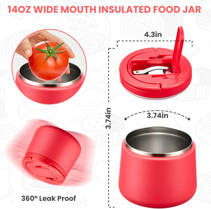 Soup Thermo for Hot Food Kids 14oz Lunch Containers with Buckle Lid Wide Mouth Hot Food Jar Vacuum Insulated Stainless Steel Bento Box Leakproof with Spoon (Red)