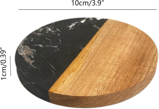 I-LAN Set of 4 Round Natural Wood and Marbel Drink Coasters for Coffee Wooden Table, Drink Bar Coaster Set/Tea Table Coasters for Living Room,Beer Cans,Bar Glasses,4 x 4 Inch