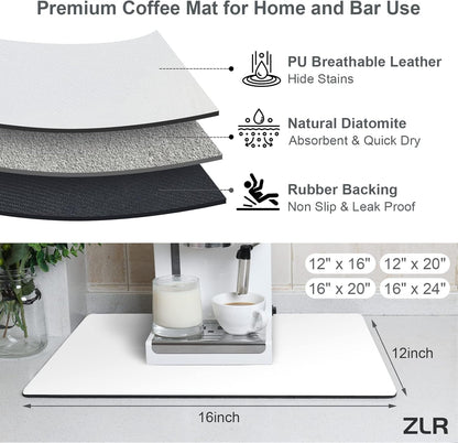 ZLR Coffee Mat - 12" x 16" Small Kitchen Hide Stain Absorbent Dish Drying Mat for Countertop - Easy to Clean Coffee Bar Mat for Espresso Machine and Spill Protection - Milk White