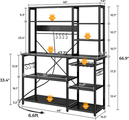 SUPERJARE Larger Bakers Rack with Power Outlets, 6-Tier Microwave Stand, Coffee Bar with 12 S-Shaped Hooks, Kitchen Shelf with Wire Basket, 47.2 x 15.5x 66.9 Inches, Black