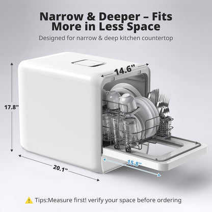 AIRMSEN Portable Countertop Dishwasher with 5L Water Tank, Mini Dishwasher with 14.6” Narrow & 20.1“ Deep Design, 9 Programs, 24H Delay Start & 360° Dual Spray, No Hookup Needed, C01, White