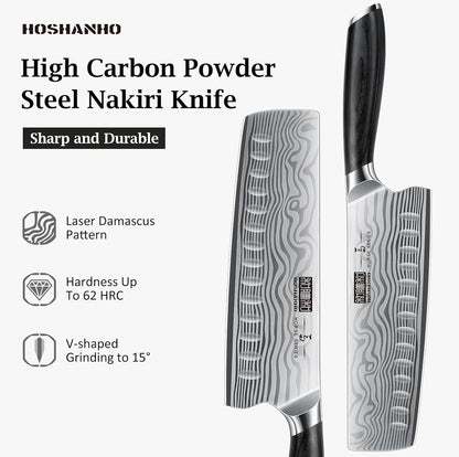 7 Inch Nakiri Knife, Japanese High Carbon Powder Steel Vegetable Cleaver Knife for Chopping, Razor Sharp Multipurpose Asian Chef Knife with Ergonomic Handle