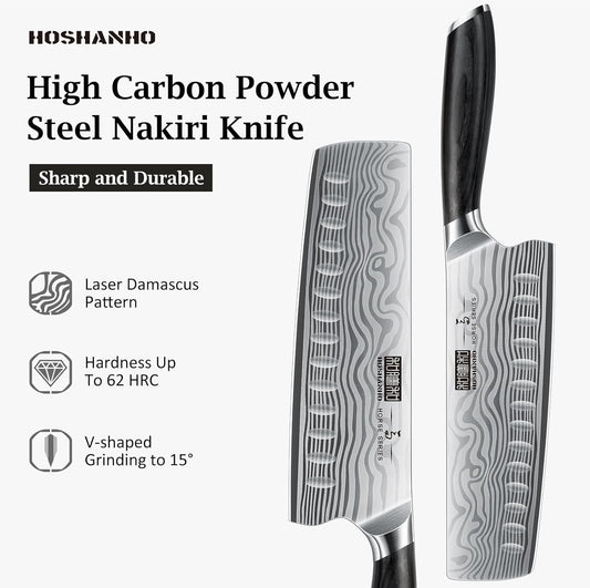 7 Inch Nakiri Knife, Japanese High Carbon Powder Steel Vegetable Cleaver Knife for Chopping, Razor Sharp Multipurpose Asian Chef Knife with Ergonomic Handle