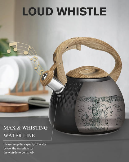 Tea Kettle Stovetop,2.5QT Stainless Steel Whistling Teapot for Stove Top Aesthetic,Portable Water Kettles Camping with Anti-hot Silicone Handle,Suitable for All Heat Sources,Black