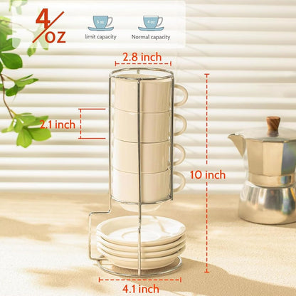 Sweese 4 Ounce Porcelain Stackable Espresso Cups with Saucers and Metal Stand Set of 4, White