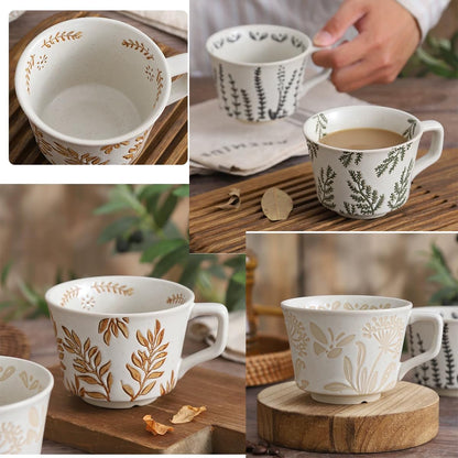 Ceramic Mug Set of 1 With Gold Spoon, 11oz - Vintage Coffee Mug, Pottery Cups for Milk, Latte, Cappuccino, Tea - Porcelain Dishwasher, Microwave Safe Stoneware 1 PCS Brown Leaf Cup