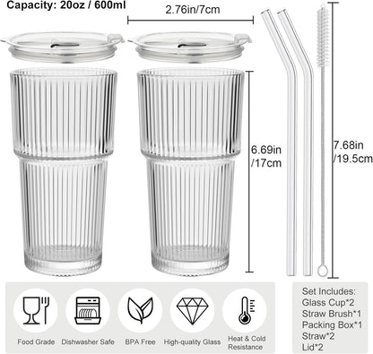2 Pack Iced Coffee Cup with Lids, 20oz Clear Glass Tumbler with Straw & Lid, Ribbed Glassware Cups, Dishwasher Safe Drinking Glasses, Stylish Glass Cups for Coffee, Juice, Tea, Matcha