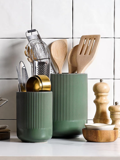 LE TAUCI Utensil Holder, 7.3"+5.4" Ceramic Kitchen Utensil Holder for Countertop, Large Cooking Utensil Crocks for Kitchen Counter, Morden Utensil Organizer for Spatula, Set of 2, Forest Green