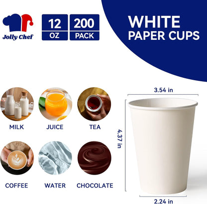 JOLLY CHEF 200 Count 12 oz Coffee Cups, Leak-Proof White Paper Cups for Coffee, Water, Juice, or Tea, Suitable for Party, Picnic, Travel, and Events