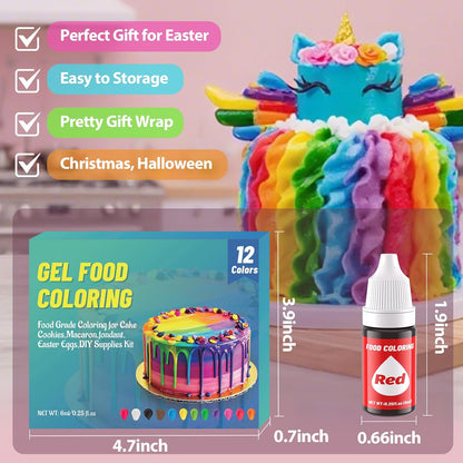 12 Color Gel Food Coloring Liquid Set-KATSPRO Food Grade Tasteless Vibrant Kids Food Coloring Dye for Baking Icing Cake Decorating Cookie Fondant, Frosting, Cookies, Christmas Baking, Easter Egg and DIY Supplies Kit - 0.25 Fl.oz(6ml)/Bottles