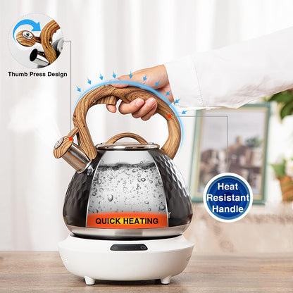 Tea Kettle, Toptier Teapot Whistling Kettle with Wood Pattern Handle Loud Whistle, Food Grade Stainless Steel Tea Pot for Stovetops Induction Diamond Design Water Kettle, 2.7-Quart Black