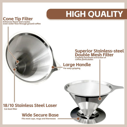 Pour Over Coffee Dripper Stainless Steel Coffee Filter Metal Cone Filter Extra Fine Wire Mesh Reusable Coffee Filter Coffee Maker (Silver, 1-4 Cups)
