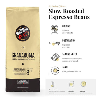 Caffe Vergnano 1882 Gran Aroma Whole Bean Arabica Medium Espresso Roast Coffee, 2.2lbs Bag - Italian Coffee Beans with Rich notes of Cocoa, Spices & Dried Fruit, Intensity 8/10-1000g Bag (2 Pk)