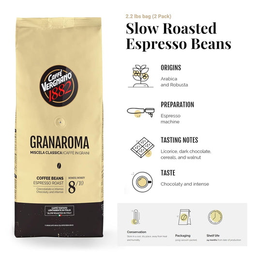 Caffe Vergnano 1882 Gran Aroma Whole Bean Arabica Medium Espresso Roast Coffee, 2.2lbs Bag - Italian Coffee Beans with Rich notes of Cocoa, Spices & Dried Fruit, Intensity 8/10-1000g Bag (2 Pk)