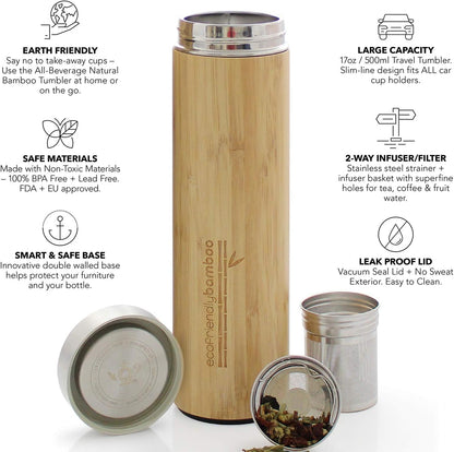 Teabloom All-Beverage Travel Tumbler – Large Capacity 17 oz / 500 ml – Insulated Thermos Mug – Eco-Friendly Bamboo – Hot and Cold Tea Infuser – Cold-Brew Coffee – Fruit-Infused Water – The Naturalist
