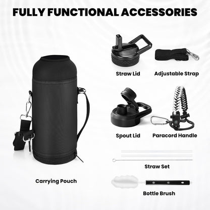 Insulated Water Bottle 40 oz, Triple Wall Vacuum Stainless Steel (Cold for 48 Hrs), Leak Proof & Non-BPA, Modern Water Flask Jug with Paracord Handle & Straw Spout Lids, Ombre: White/Black
