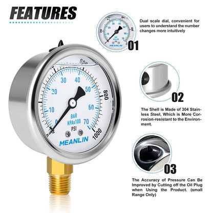 MEANLIN MEASURE 0~1000Psi Stainless Steel 1/4" NPT 2.5" FACE DIAL Liquid Filled Pressure Gauge WOG Water Oil Air Lower Mount, with 1/4" x 1/2" NPT and 1/4" x 3/8" NPT Hex Bushing
