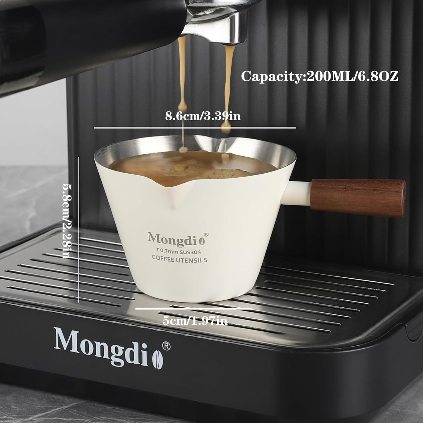 Mongdio 2 Pcs Espresso Measuring Cup, Stainless Steel Espresso Shot Cups with Wooden Handle and Double Spouts, 6.8OZ/200ML, White