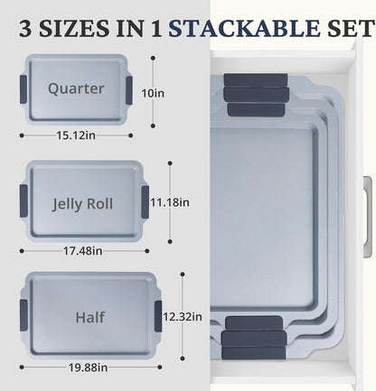 BRONYPRO Non Stick Ceramic Baking Sheet Pan Set of 3, Natural Non Toxic Cookie Sheets for Baking - PFOA, PTFE Free, Aluminized Steel Oven Trays for Cooking with Silicone Handles, Blue Gray