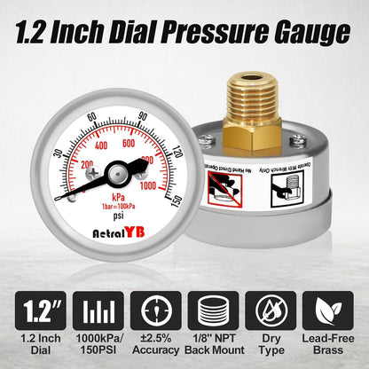 150Psi/1000Kpa Mini Pressure Gauge,Stainless Steel Housing,Brass Internal,1.2 Inch Dial,NPT 1/8" Back Mount,Dry Type, Lead-Free Material,for Air,Water,Oil Pressure Test