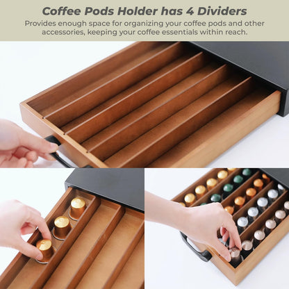 Coffee Pod Holder Compatible with Nespresso OriginalLine Capsules – 50-Pod Acacia Wood Drawer Organizer with Anti-Slip Base – Space-Saving Coffee Capsule Storage for Espresso Stations & Countertops