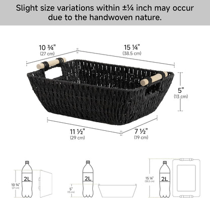StorageWorks Large Wicker Storage Basket for Organizing with Wooden Handles, Toilet Paper Baskets for Bathroom, Black, 2-Pack