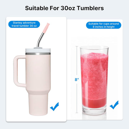 Repeatable Metal Straw with Silicone Tips for 40 oz Stanley Tumbler, 2 Pcs 40 oz Stainless Steel Straws Replacement for Stanley Tumbler, 1 Straw Brush, BPA Free（Light Pink）