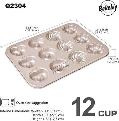 Donut Mold Cake Pan, 12-Cavity Non-Stick Ring Doughnut Bakeware for Oven Baking (Champagne Gold)