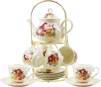 20-Pieces Porcelain Tea Sets For Women, Tea Set For Adult with Golden Metal Rack,Tea Gift Sets for Home&Party(013)