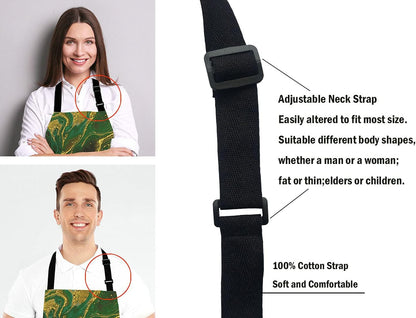 Watercolor Gold Marble Abstract Mineral Green Golden Waves Pattern Adjustable Bib Apron Kitchen Cooking Baking Gardening Apron for Women Men