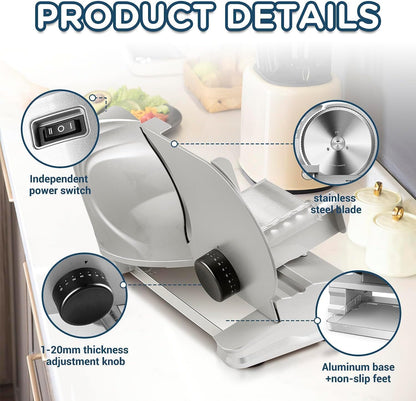 CUSIMAX Meat Slicer for Home with 1-20mm Adjustable Thickness，Electric Deli Slicer for Food Tray,Two 9" Stainless Steel Blades and Removable Food Carriage,Easy for Cut all Foods
