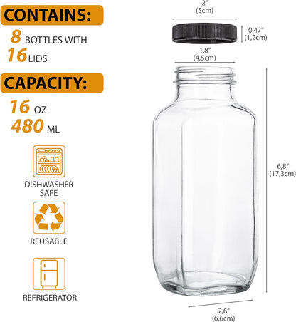 Juice Bottles with Lids, 16 Oz - Set of 8 - Clear Glass Jars with Caps - Reusable Empty Drink Containers for Juicing, Smoothies, Water, Milk, Kombucha Storage, Wellness Shots and More (8)
