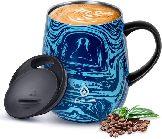 Ideus 16 oz Insulated Coffee Mug with Handle and Lid, Double Wall Stainless Steel Vacuum Thermal Coffee Mug, Travel Coffee Cup Thermal Cup for Home and Office, Blue Zebra
