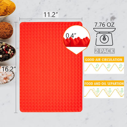 Silicone Baking Mat Red Pyramid Non Stick Bacon Microwave Tray Pastry Mats Red BBQ Grill Mat Baking Supplies oven Liners For Bottom Of Oven - 16 X 11''Silicone Mats For Kitchen Counter 2 Pack