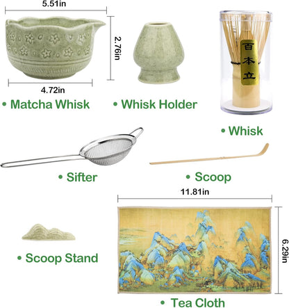 Matcha Whisk Set - 7 PCS Matcha Kit, Matcha Tea Set for Making Breakfast Green Tea Lattes - Whisk, Bowl with Spout, Whisk Holder - Gift for Tea Beginner, Friend, Daughter, Family