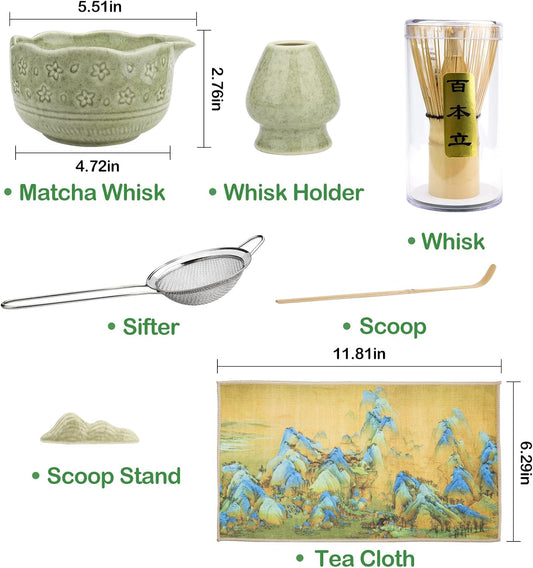 Matcha Whisk Set - 7 PCS Matcha Kit, Matcha Tea Set for Making Breakfast Green Tea Lattes - Whisk, Bowl with Spout, Whisk Holder - Gift for Tea Beginner, Friend, Daughter, Family