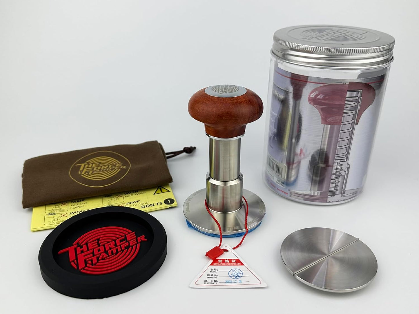 The Force Tamper Automatic Impact Adjustable Constant Pressure and Autoleveling Coffee Tamper Reddish Brown Jellyfish Wooden Handle Set Pro (Flat-Distribute Set, 53.50mm)