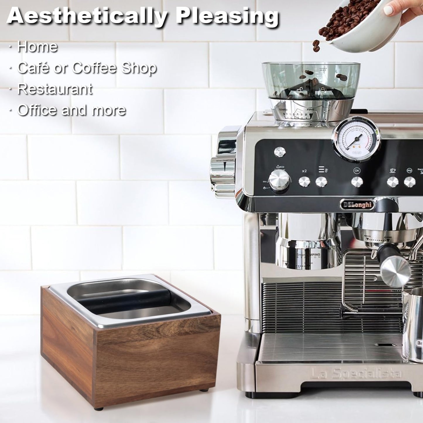 Knock Box Espresso - Coffee Knock Box and Tamp Station for Espresso Coffee Grounds Puck, Tamping Station Large Capacity Non-Slip Base Stainless Steel Dump Bin Barist Tools Quiet Design