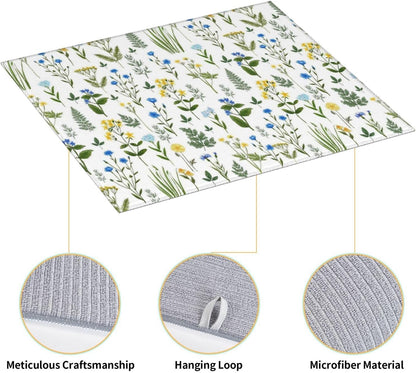 Blue Yellow Wildflower Dish Drying Mats for Kitchen Counter, Vintage Botanic Fern Leaves Floral Kitchen Drainer Pad, Absorbent Microfiber Reusable Washable Dish Draining Mats, Home Decor, 16 x 18 inch