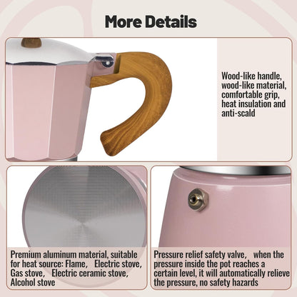 3 Cup Aluminum Moka Pot Classic Stovetop Espresso Coffee Maker 150ml 5oz Coffeemaker Percolator Mocha Pot Greca Coffee Maker Cafe Makers for Italian and Cuban Café Brewing Pink