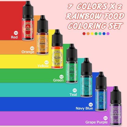 Food Coloring Set for Cake Decorating Rainbow Edible Food Dye for Baking Royal Icing Cookie Supplies Gluten Free 14x12ml Food Grade Liquid Food Color Kit, 0.4 Fl. Oz/Bottles