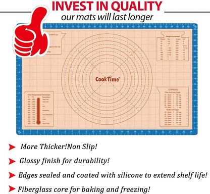 Silicone Pastry Baking Mat Non Stick-Large Rolling Dough with Measurements-Non Slip Pizza,Fondant,Pie,Cake Baking Mat - 26 x 16 Inch By Cook Time(Blue)