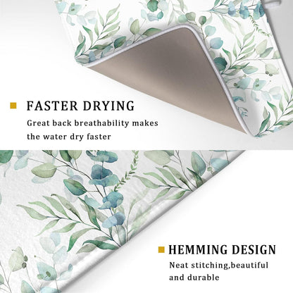 Sage Green Leaves Dish Drying Mats for Kitchen Counter 18x24 Inch, Leaves Kitchen Drying Mat,Watercolor Herbs Dishes Pad Dish Drainer Rack Mats Absorbent Fast Dry Kitchen Accessories