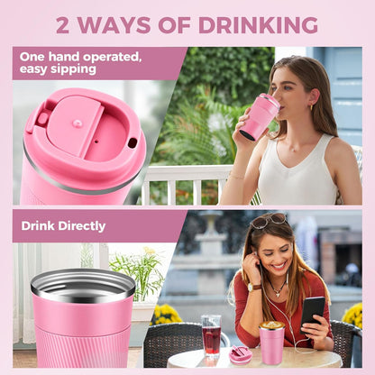 Volhoply 13 oz Stainless Steel Insulated Travel Coffee Mug with Fip Lid Bulk 2 Pack,Reusable Double Wall Vacuum Metal Coffee Cup,Portable Leak Proof Thermal Tumbler for Hot & Cold Drinks(Pink,2)