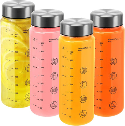 4 Pack Juice Bottles with Caps - Wide Mouth Resuable Clear Plastic Water Bottles for Juicing,Smoothie,Protein, Beverage,Storage Containers,BPA Free,Leakproof Stainless Steel Lid(16 Ounces)
