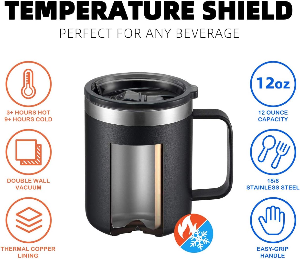 ALOUFEA 12oz Stainless Steel Insulated Coffee Mug with Handle, Double Wall Vacuum Travel Mug, Tumbler Cup with Sliding Lid, Black