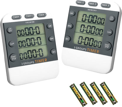 Photect 2-Piece Digital Dual Kitchen Timer, 3 Channels, Count UP/Down, Cooking Timer with Magnetic Back, Loud Alarm, Large Display, Countdown Hour Meter for Cooking, Classroom, Kids, Teacher, Study