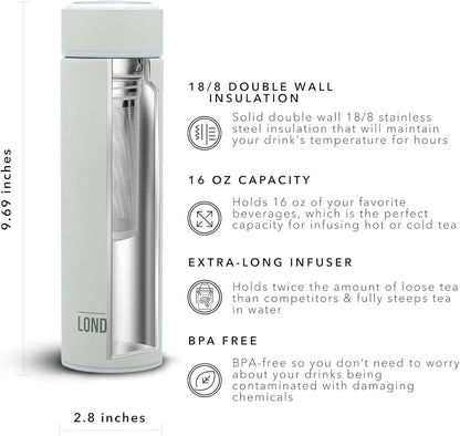 London Sip 16.9 oz Multi-Purpose Tea Infuser Mug – Fruit Infuser Water Bottle for Hot and Cold – Double Wall Stainless Steel Insulated, Pearl White